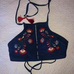 Navy Blue Embroidered Halter Bathing Suit Top